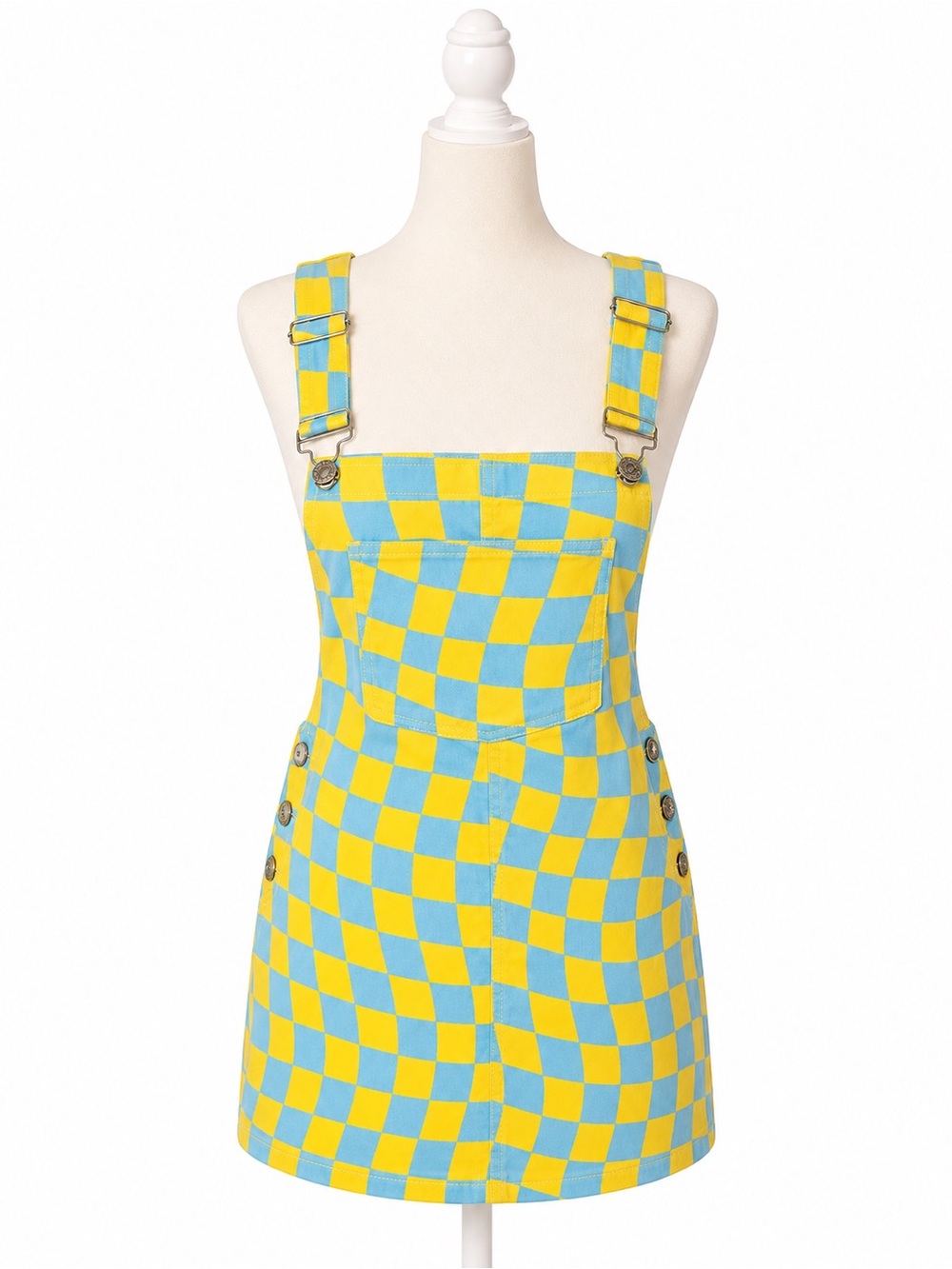 Forever 21 Checkerboard Overall Dress Blue Yellow Mini Pinafore Jumper Size S